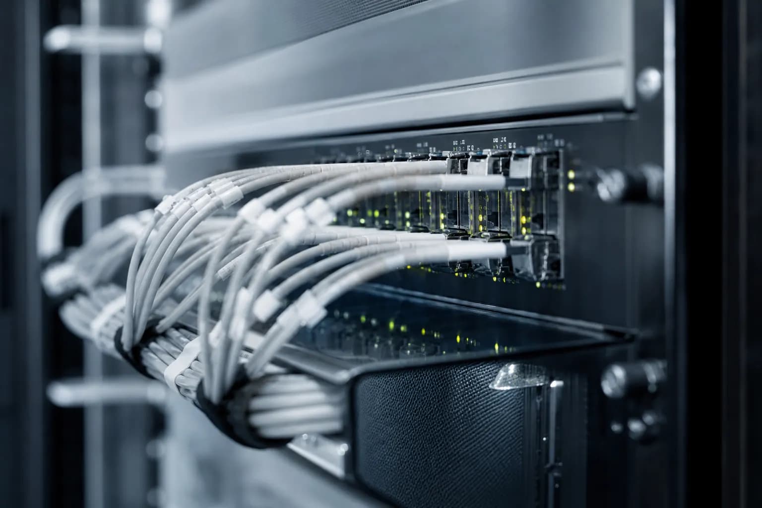 Detalj optičkih kablova i mrežnih priključaka u hladnim tonovima