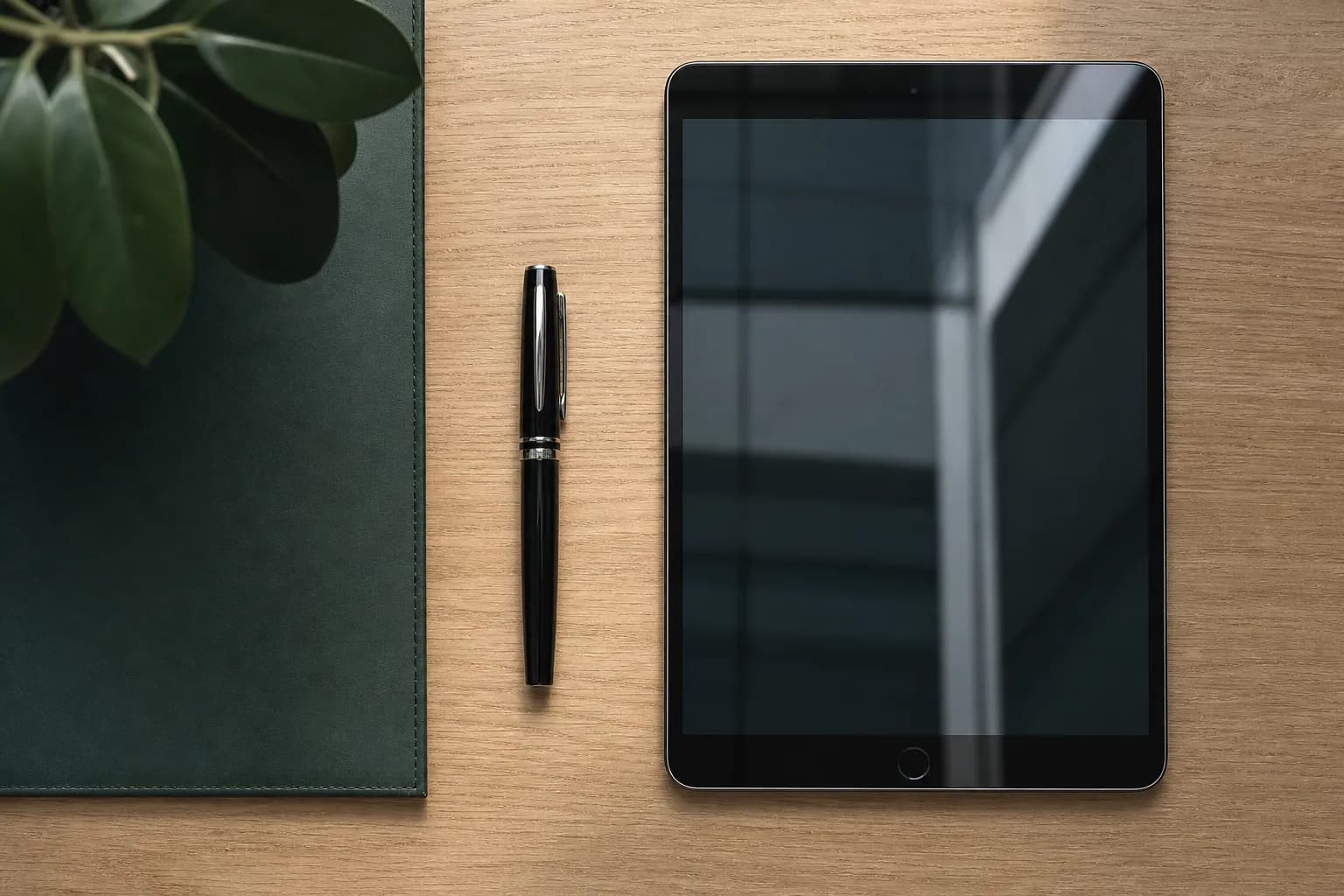 Nalivpero i tablet jedno pored drugog na belom hrastu, odozgo